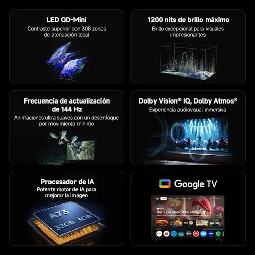 Xiaomi ▫️ TV S Mini 55", Design sem bordas, Google TV, QD-Mini LED, 1200 nits de brilho máximo, Alta taxa de atualização 4K de 144 Hz, Ultra fluido para jogos, Dolby Vision IQ e Dolby Atmos, Google Assistant 3