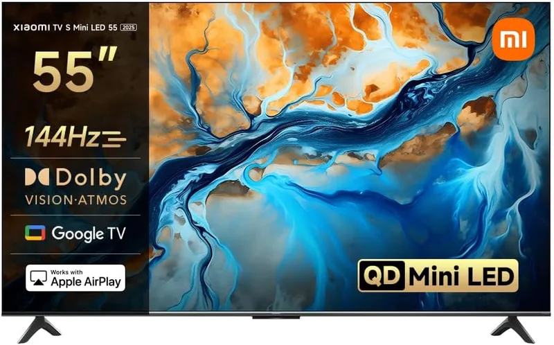 XIAOMI ▫️ TV S Mini 55", Design sem bordas, Google TV, QD-Mini LED, 1200 nits de brilho máximo, Alta taxa de atualização 4K de 144 Hz, Ultra fluido para jogos, Dolby Vision IQ e Dolby Atmos, Google Assistant