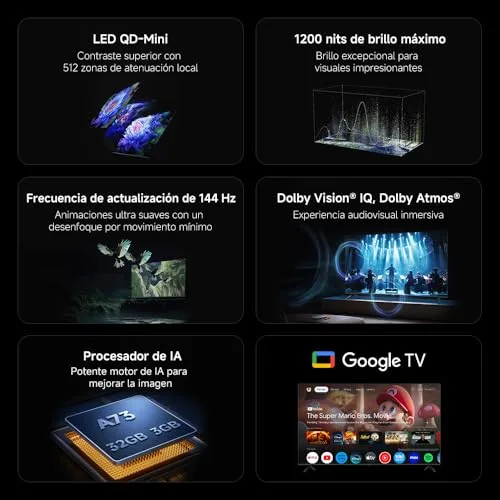 Xiaomi ▫️ TV S Mini 75", Design sem bordas, Google TV, QD-Mini LED, 1200 nits de brilho máximo, Alta taxa de atualização 4K de 144 Hz, Ultra fluido para jogos, Dolby Vision IQ e Dolby Atmos, Google Assistant 3