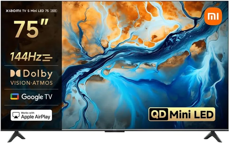XIAOMI ▫️ TV S Mini 75", design sem margens, Google TV, QD-Mini LED, brilho máximo de 1200 nits, taxa de atualização elevada de 144 H 4K, ultra-suave para jogos, Dolby Vision IQ e Dolby Atmos, Google Assistant