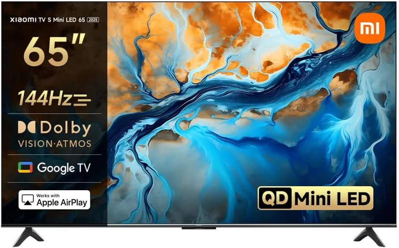 XIAOMI ▫️ TV S Mini 65", Design sem bordas, Google TV, QD-Mini LED, 1200 nits de brilho máximo, Alta taxa de atualização 4K de 144 Hz, Ultra fluido para jogos, Dolby Vision IQ e Dolby Atmos, Google Assistant