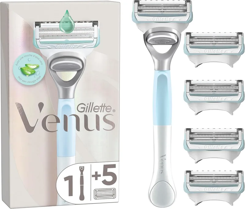 Gillette Venus ▫️ Máquina de depilar para mulheres, para a virilha e zona íntima | 1 cabo e 5 recargas com barra hidratante com aloé vera, ajuda a proteger a pele púbica contra a irritação