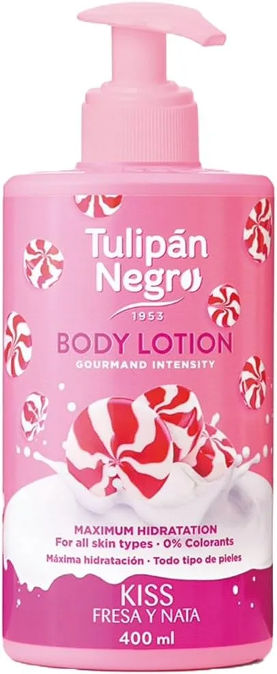 TULIPAN NEGRO ▫️ Tulipán Negro - Loção Corporal de Morango e Natas com Dosador, Hidratação Intensa para Todos os Tipos de Pele, Creme Corporal com Fragrância Doce e Cremosa, 400 ml