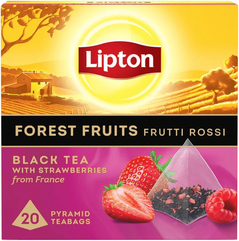 Lipton ▫️ Forest Fruit 20 Saquinhos – Infusão de Frutos do Bosque, Doce e Frutada | Chá preto aromatizado com frutas, morangos de França, saquinhos piramidais de chá de frutas, para tomar quente ou frio