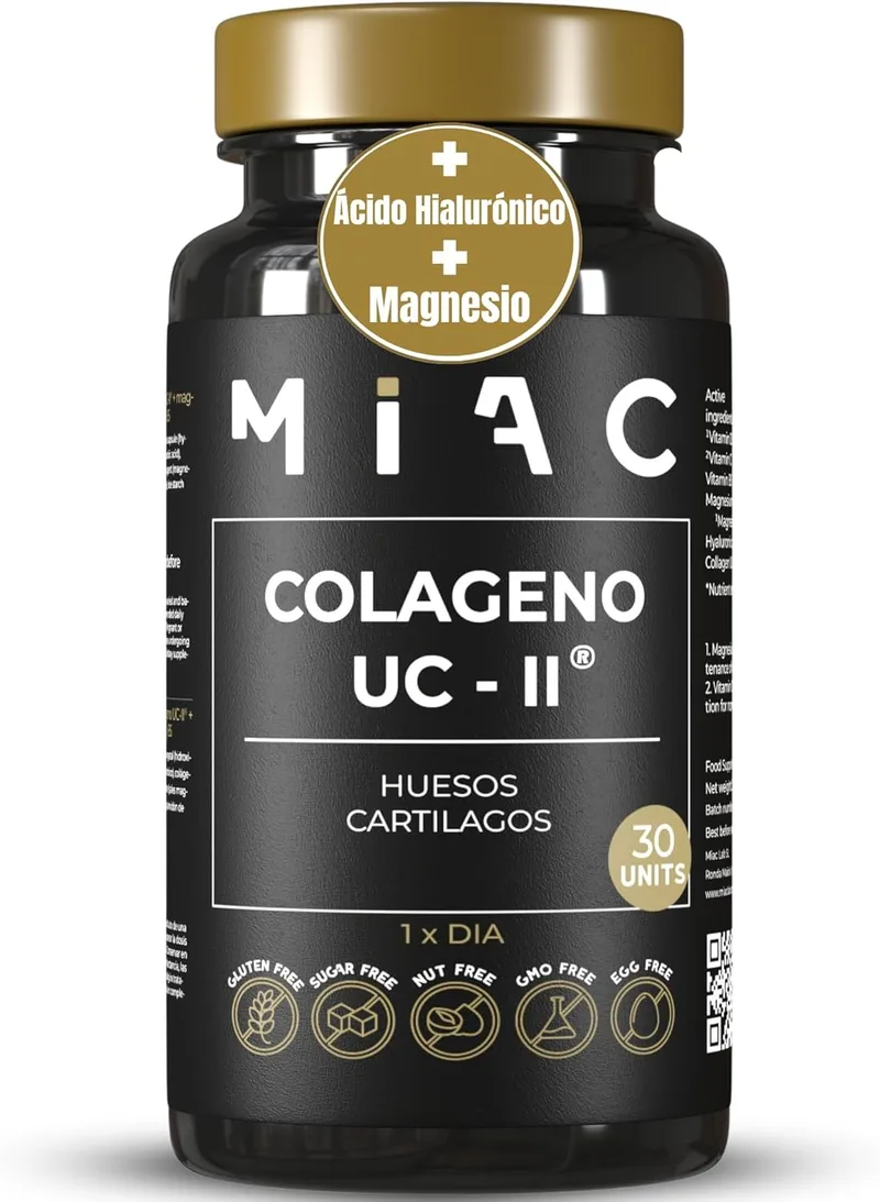 MIAC ▫️ Colagénio tipo 2 40 mg Colagénio UC-II com magnésio e ácido hialurónico + Vitamina C. Para os ossos e as articulações - Não desnaturado - Mobilidade e flexibilidade. 30 Cápsulas Veganas