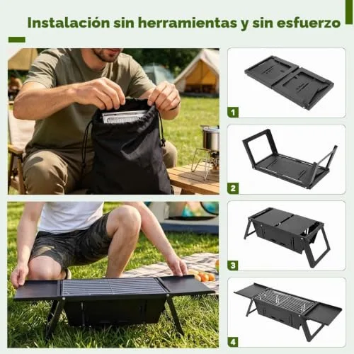 E EASTSTORM ▫️ Grelha dobrável a carvão para churrasco, controlo de calor de 3