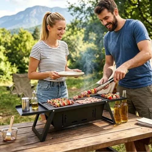 E EASTSTORM ▫️ Grelha dobrável a carvão para churrasco, controlo de calor de 7