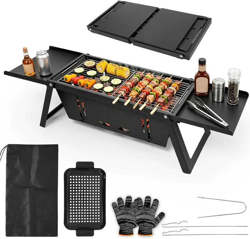 E EASTSTORM ▫️ Grelhador portátil a carvão de mesa, mini-churrasqueira dobrável de utilização imediata com controlo de calor em 3 níveis, para acampamento e jardim