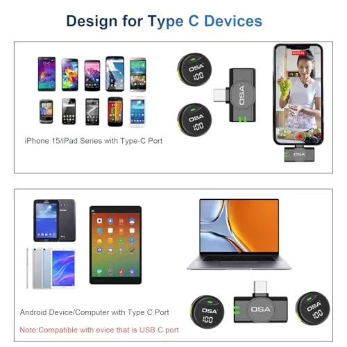 OSA ▫️ Microfone de lapela para iPhone 15/16 e Android, mini microfone de lapela com USB-C, sem fios, bateria com 40 horas de autonomia para gravação de vídeo, entrevistas, podcasts, YouTube e vlogs 6