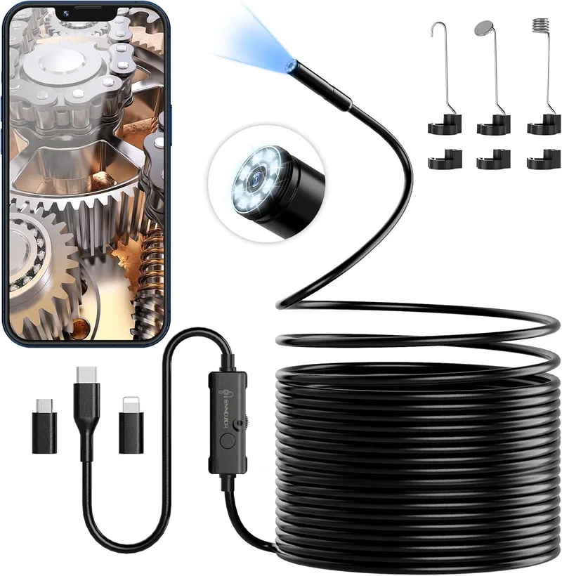 ENNOVOR PRO ▫️ Endoscópio Ennovor com câmara de inspeção tipo «serpente» de 1920P HD, câmara endoscópica tipo C, câmara de longo alcance com 8 luzes LED para smartphones Android e iOS, iPad e Samsung (33 pés/10 m)