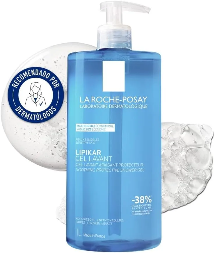 La Roche-Posay ▫️ La Roche Posay, Gel de Duche Relipidante Fisiológico Lipikar, Com Niacinamida e Manteiga de Karité, Sem Sabão e Sem Parabenos, Para Peles Sensíveis e Secas, 1L