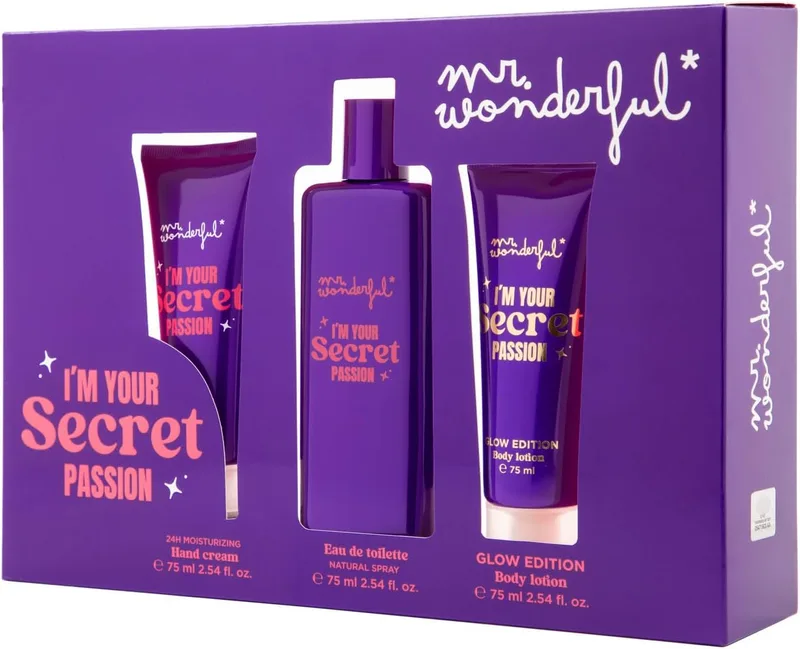 Mr. Wonderful ▫️ MR WONDERFUL - I'm Your Secret Passion, Conjunto de oferta para mulher, Colónia + Creme de Mãos + Creme Corporal Glow Edition, Mulher, Aroma Floral Oriental Amadeirado