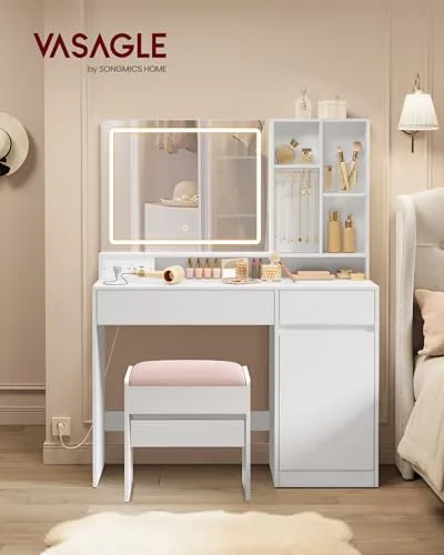 VASAGLE ▫️ Coleção KAILYN - Penteadeira com luzes LED, tomada múltipla, mesa de maquilhagem com gavetas, prateleiras ajustáveis, 110 cm de largura, para quartos, Branco Nuvem RDT634W01 2