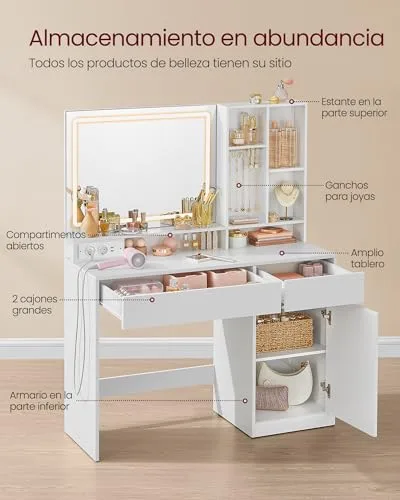 VASAGLE ▫️ Coleção KAILYN - Penteadeira com luzes LED, tomada múltipla, mesa de maquilhagem com gavetas, prateleiras ajustáveis, 110 cm de largura, para quartos, Branco Nuvem RDT634W01 4