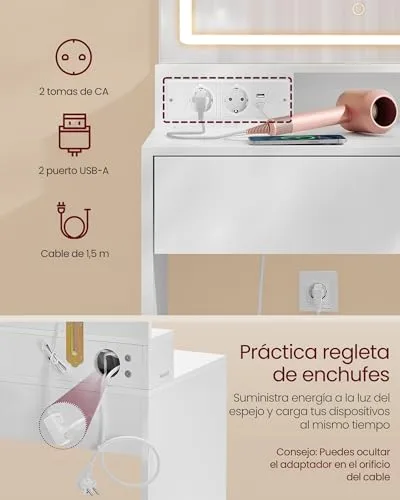 VASAGLE ▫️ Coleção KAILYN - Penteadeira com luzes LED, tomada múltipla, mesa de maquilhagem com gavetas, prateleiras ajustáveis, 110 cm de largura, para quartos, Branco Nuvem RDT634W01 5