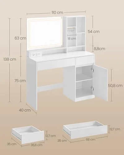 VASAGLE ▫️ Coleção KAILYN - Penteadeira com luzes LED, tomada múltipla, mesa de maquilhagem com gavetas, prateleiras ajustáveis, 110 cm de largura, para quartos, Branco Nuvem RDT634W01 6