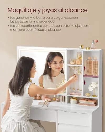 VASAGLE ▫️ Coleção KAILYN - Penteadeira com luzes LED, tomada múltipla, mesa de maquilhagem com gavetas, prateleiras ajustáveis, 110 cm de largura, para quartos, Branco Nuvem RDT634W01 7