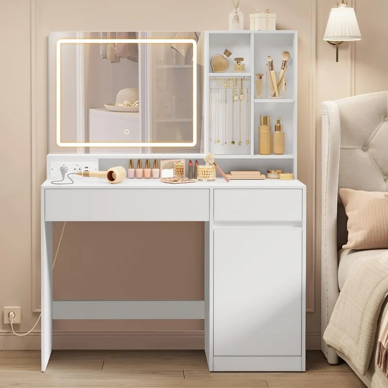 VASAGLE ▫️ Coleção KAILYN - Penteadeira com luzes LED, tomada múltipla, mesa de maquilhagem com gavetas, prateleiras ajustáveis, 110 cm de largura, para quartos, Branco Nuvem RDT634W01