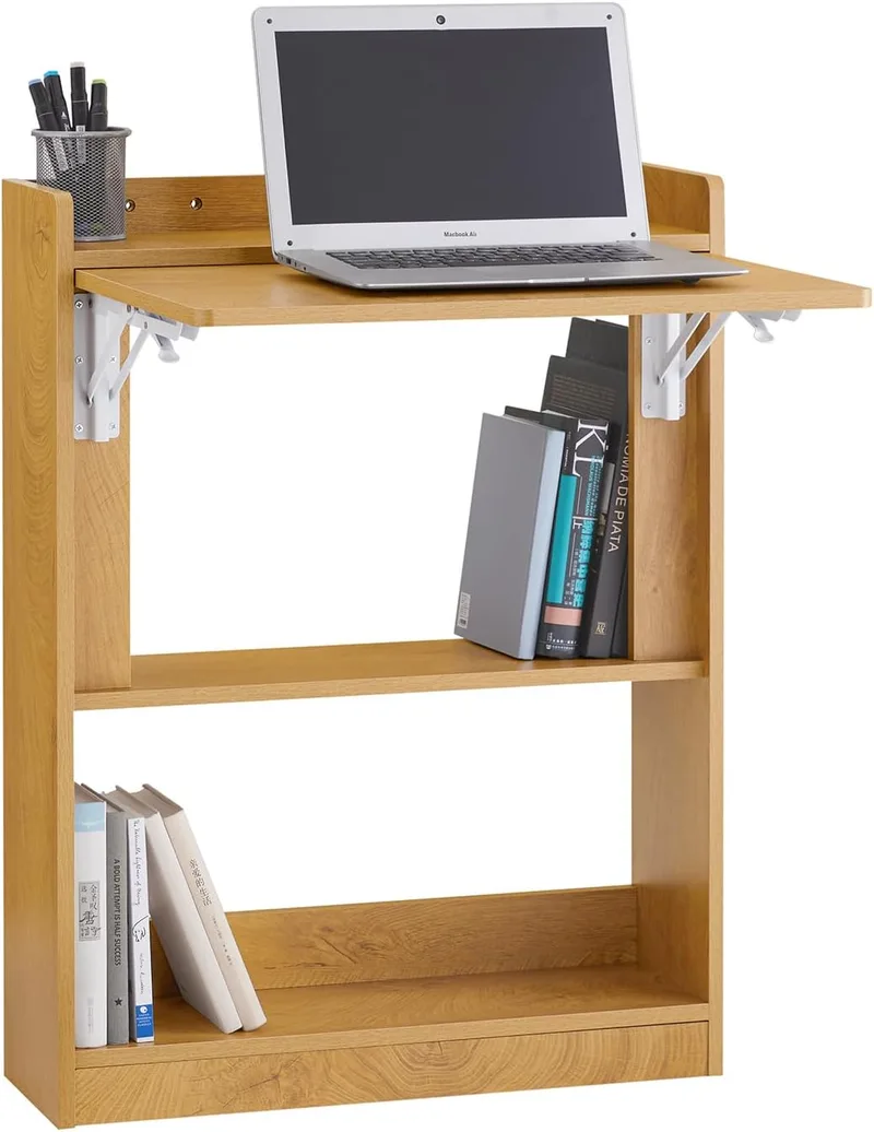 SoBuy ▫️ Secretária Secretária de computador Mesa de jogo dobrável Secretária pequena Secretária pequena com prateleiras de arrumação Secretária de pé com arrumação Natural 64x58x82cm FWT92-N