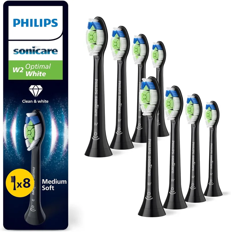 PHILIPS ▫️ Sonicare W2 Optimal White, cabeças de escova de dentes de substituição originais, pretas, embalagem de 8, HX6068/88