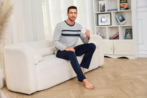 Marvmys ▫️ Pijamas de Inverno para Homem, Conjunto Comprido, Algodão, Manga Comprida, Camisolas e Calças de Pijama com Bolso, tamanhos S-3XL 4