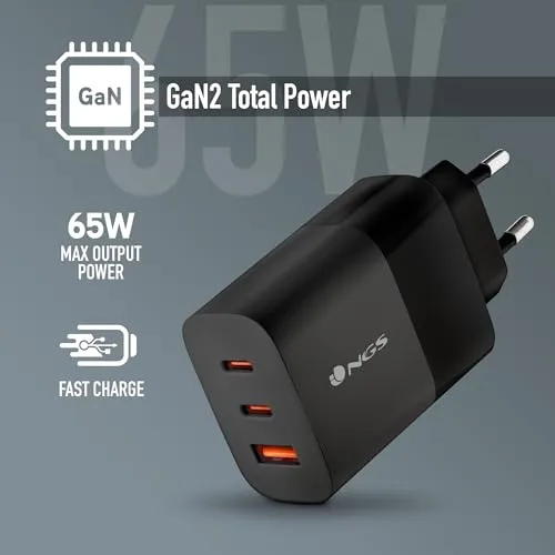 NGS ▫️ Bud 65W - Carregador de parede GAN de 65 W, 3 portas: 2 USB-C + USB-A 2