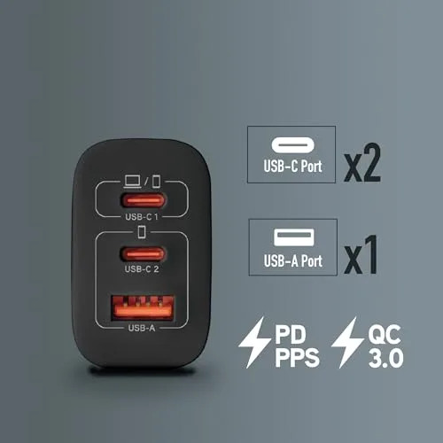 NGS ▫️ Bud 65W - Carregador de parede GAN de 65 W, 3 portas: 2 USB-C + USB-A 3