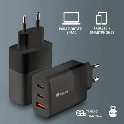 NGS ▫️ Bud 65W - Carregador de parede GAN de 65 W, 3 portas: 2 USB-C + USB-A 4