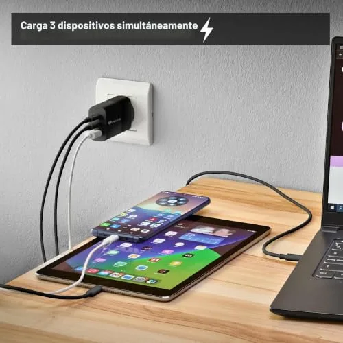 NGS ▫️ Bud 65W - Carregador de parede GAN de 65 W, 3 portas: 2 USB-C + USB-A 5