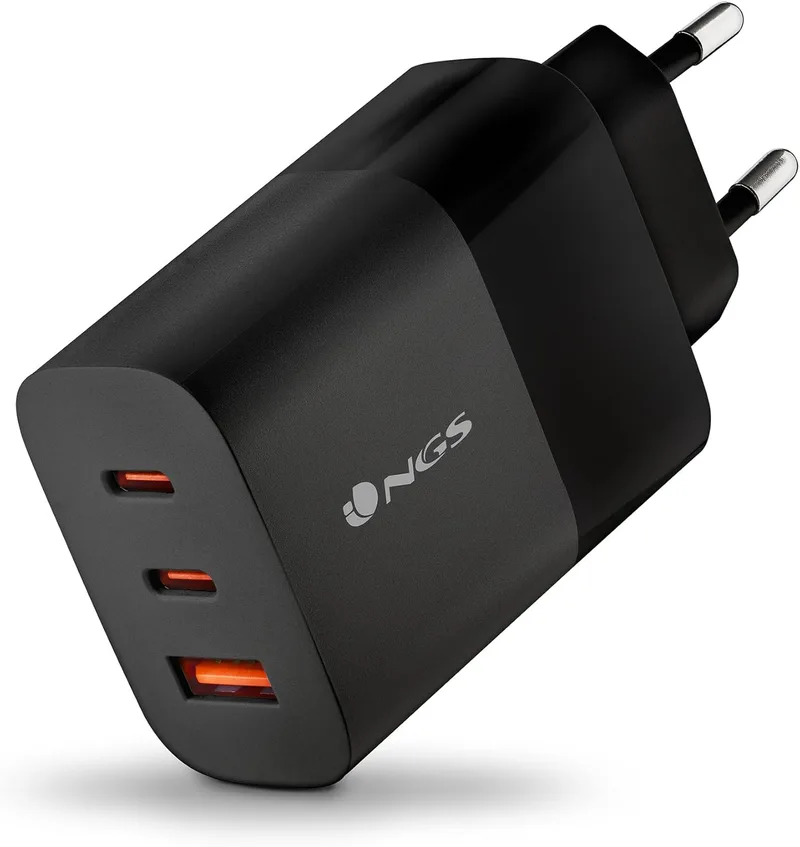 NGS ▫️ Bud 65W - Carregador de parede GAN de 65 W, 3 portas: 2 USB-C + USB-A | 2x USB-C PD/PPS e 1x USB-A QC 3.0; carregamento ultrarrápido simultâneo. Compacto para smartphone, tablet e computador portátil.