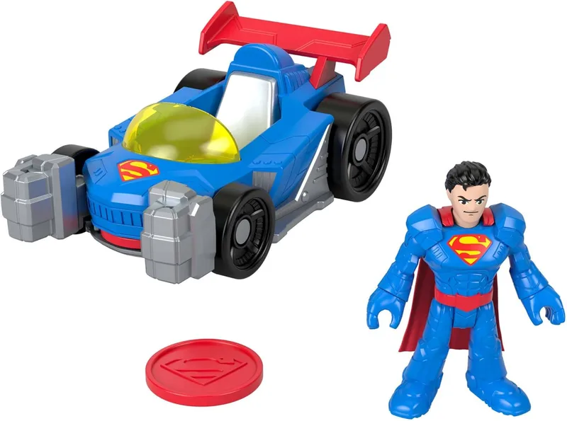 Fisher-Price ▫️ Imaginext DC Super Friends Supermobile Metal Force Toy Car, conjunto com figura do Super-Homem de 7,6 cm e acessórios, inclui lançador e 2 discos, JFJ69