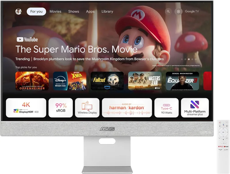 ASUS ▫️ ZenScreen Smart MS27UC - Monitor IPS UHD (3840 x 2160) de 27 polegadas com 99% sRGB, Google TV, colunas Harman Kardon, USB Type-C (90 W PD), HDMI, DisplayPort, concentrador USB