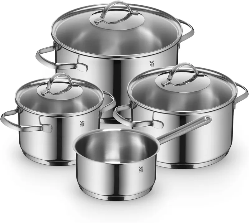 WMF Provence Plus - Trem de cozinha de 4 peças, Trem de cozinha de indução em aço inoxidável, 1 caçarola baixa de 20 cm, 2 caçarolas altas de 16 cm e 24 cm, 1 caçarola de 16 cm com 3 tampas de vidro