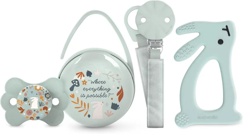 SUAVINEX ▫️ Prenda para recém-nascido. Conjunto de oferta para bebé com: Chupeta com Tetina Fisiológica SX Pro para Bebés 0/6 Meses + Chupeta + Suporte Duo para Chupeta + Mordedor de Silicone (4 peças). País das Maravilhas, Verde