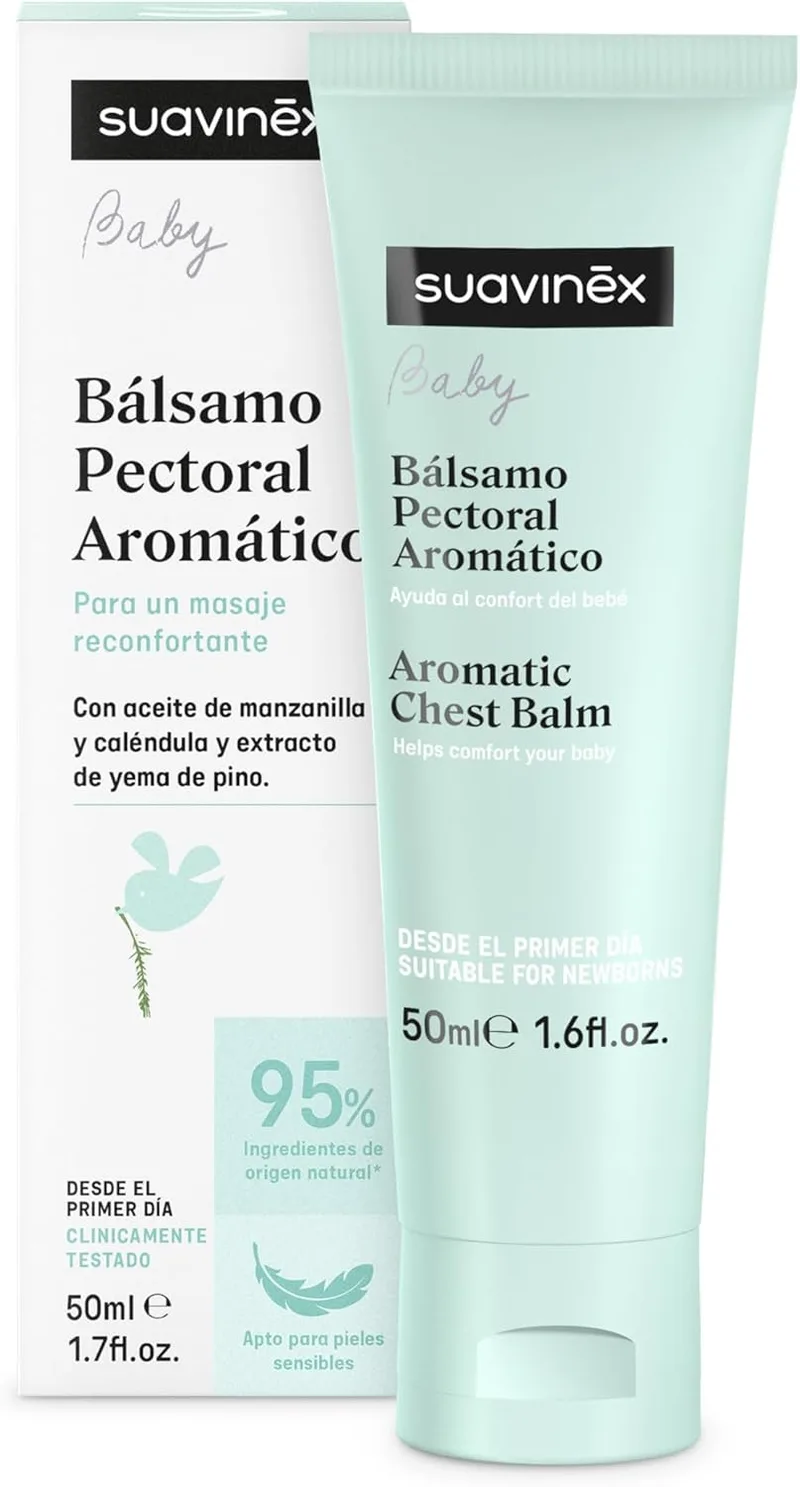 SUAVINEX ▫️ Bálsamo para o peito de bebés e crianças, adequado para recém-nascidos, adequado para peles sensíveis, com camomila, calêndula e óleo de pinho, acalma e ajuda a respirar, 95% de ingredientes naturais, 50 ml