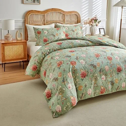 RongRongIN ▫️ Conjunto de roupa de cama de 200 x 220 cm, série «Plantas» com fecho de correr, padrão floral, cor verde, capa de edredão de 200 x 220 cm e 2 fronhas de 80 x 80 cm, macio e confortável, 2