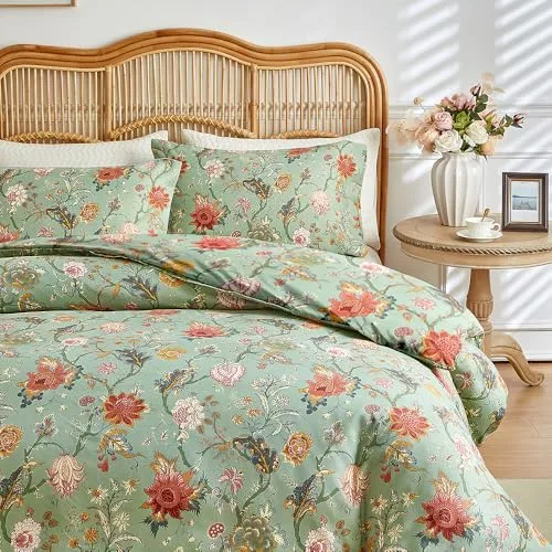 RongRongIN ▫️ Conjunto de roupa de cama de 200 x 220 cm, série «Plantas» com fecho de correr, padrão floral, cor verde, capa de edredão de 200 x 220 cm e 2 fronhas de 80 x 80 cm, macio e confortável, 3