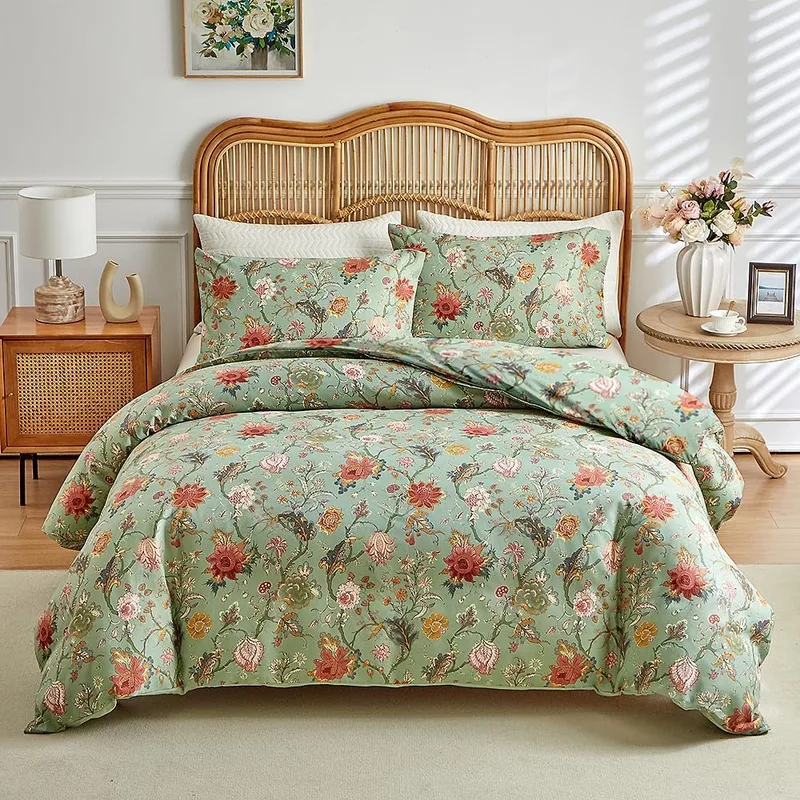 RongRongIN ▫️ Conjunto de roupa de cama de 200 x 220 cm, série «Plantas» com fecho de correr, padrão floral, cor verde, capa de edredão de 200 x 220 cm e 2 fronhas de 80 x 80 cm, macio e confortável,