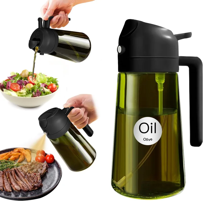 YARRAMATE ▫️ Dispensador de Azeite de Oliva com Proteção contra a Luz, 470 ml, 2 em 1, Spray de Cozinha, Verde, Pulverizador de Azeite de Qualidade Alimentar (Preto)