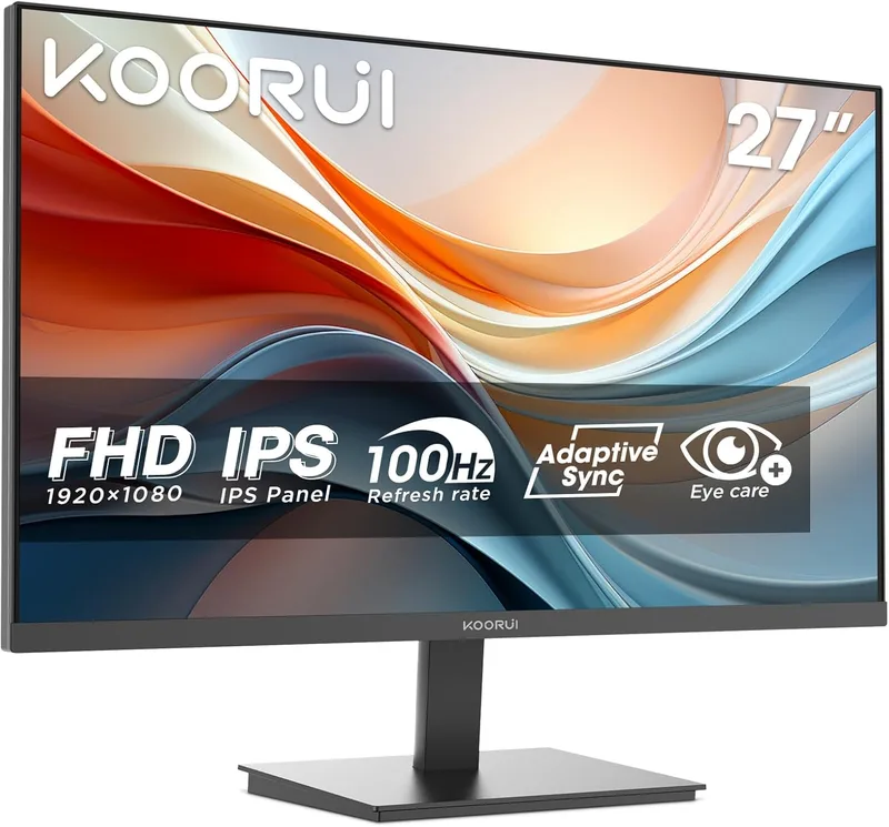 KOORUI ▫️ E2711F Monitor Full HD de 27", ecrã de PC ultrafino e leve (100Hz, IPS, 5ms, 1080P, 99% SRGB, Eye Care, Adaptive Sync, Tilt, HDMI 1.4, VGA, VESA 100x100mm)