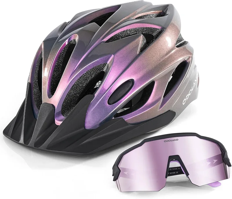 Odoland ▫️ Capacete de Bicicleta Flash com Óculos de Ciclismo Capacete de Bicicleta para Adultos para Bicicletas de Estrada e BTT Capacete de Ciclismo Leve e Ajustável para Homens e Mulheres