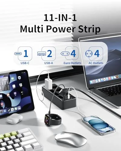 Sameriver ▫️ Multiprises com USB, Multiprise com 8 tomadas CA e 2 USB-A e 1 USB-C, Multiprise com proteção contra sobretensão, extensão de 2 m com interruptor para secretária, escritório e casa, preta 2