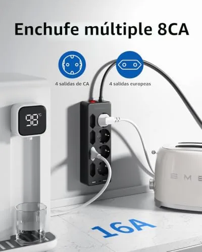 Sameriver ▫️ Multiprises com USB, Multiprise com 8 tomadas CA e 2 USB-A e 1 USB-C, Multiprise com proteção contra sobretensão, extensão de 2 m com interruptor para secretária, escritório e casa, preta 3