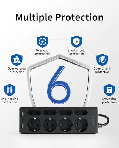 Sameriver ▫️ Multiprises com USB, Multiprise com 8 tomadas CA e 2 USB-A e 1 USB-C, Multiprise com proteção contra sobretensão, extensão de 2 m com interruptor para secretária, escritório e casa, preta 4