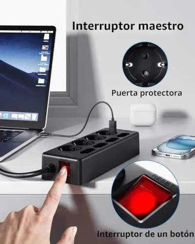 Sameriver ▫️ Multiprises com USB, Multiprise com 8 tomadas CA e 2 USB-A e 1 USB-C, Multiprise com proteção contra sobretensão, extensão de 2 m com interruptor para secretária, escritório e casa, preta 5