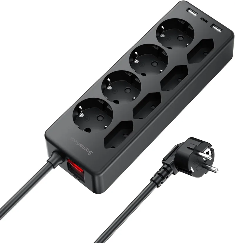 Sameriver ▫️ Multiprises com USB, Multiprise com 8 tomadas CA e 2 USB-A e 1 USB-C, Multiprise com proteção contra sobretensão, extensão de 2 m com interruptor para secretária, escritório e casa, preta
