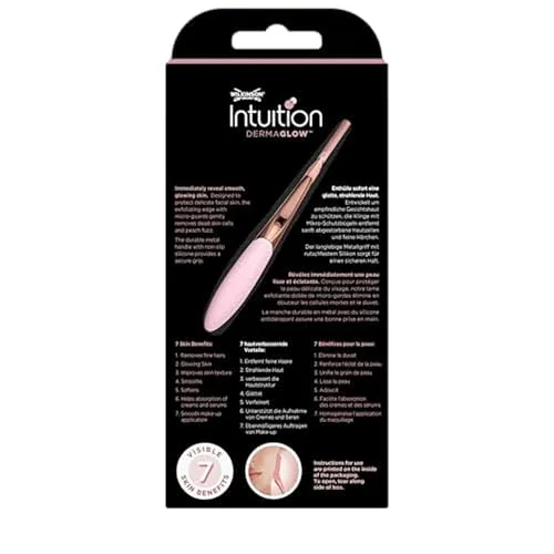 Wilkinson Sword ▫️ Intuition Dermaglow – Lâmina de barbear para dermaplaning, ideal para esfoliar, dar forma às sobrancelhas, aparar e depilar os pêlos faciais, cor rosa, 1 cabo e 2 recargas 2