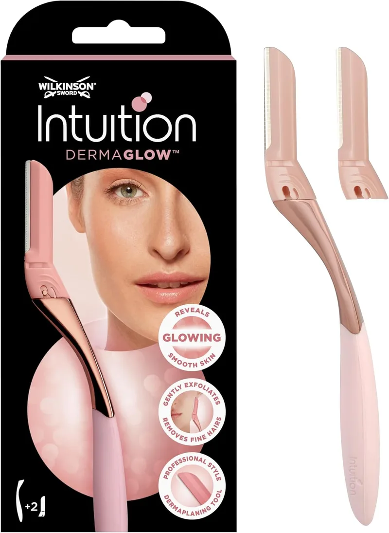 Wilkinson Sword ▫️ Intuition Dermaglow – Lâmina de barbear para dermaplaning, ideal para esfoliar, dar forma às sobrancelhas, aparar e depilar os pêlos faciais, cor rosa, 1 cabo e 2 recargas