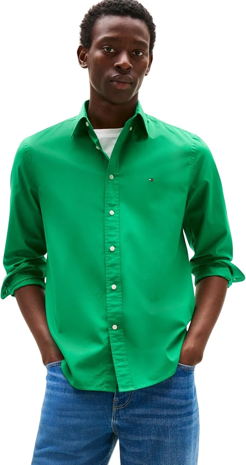 Tommy Hilfiger ▫️ Camisa para homem, em popeline elástico, cor sólida, corte regular