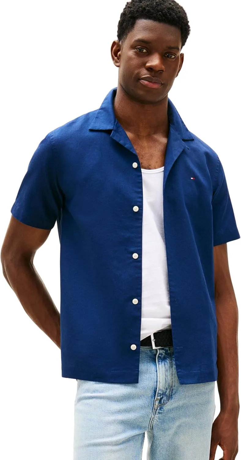 Tommy Hilfiger ▫️ Camisa para homem, em mistura de linho, de manga curta